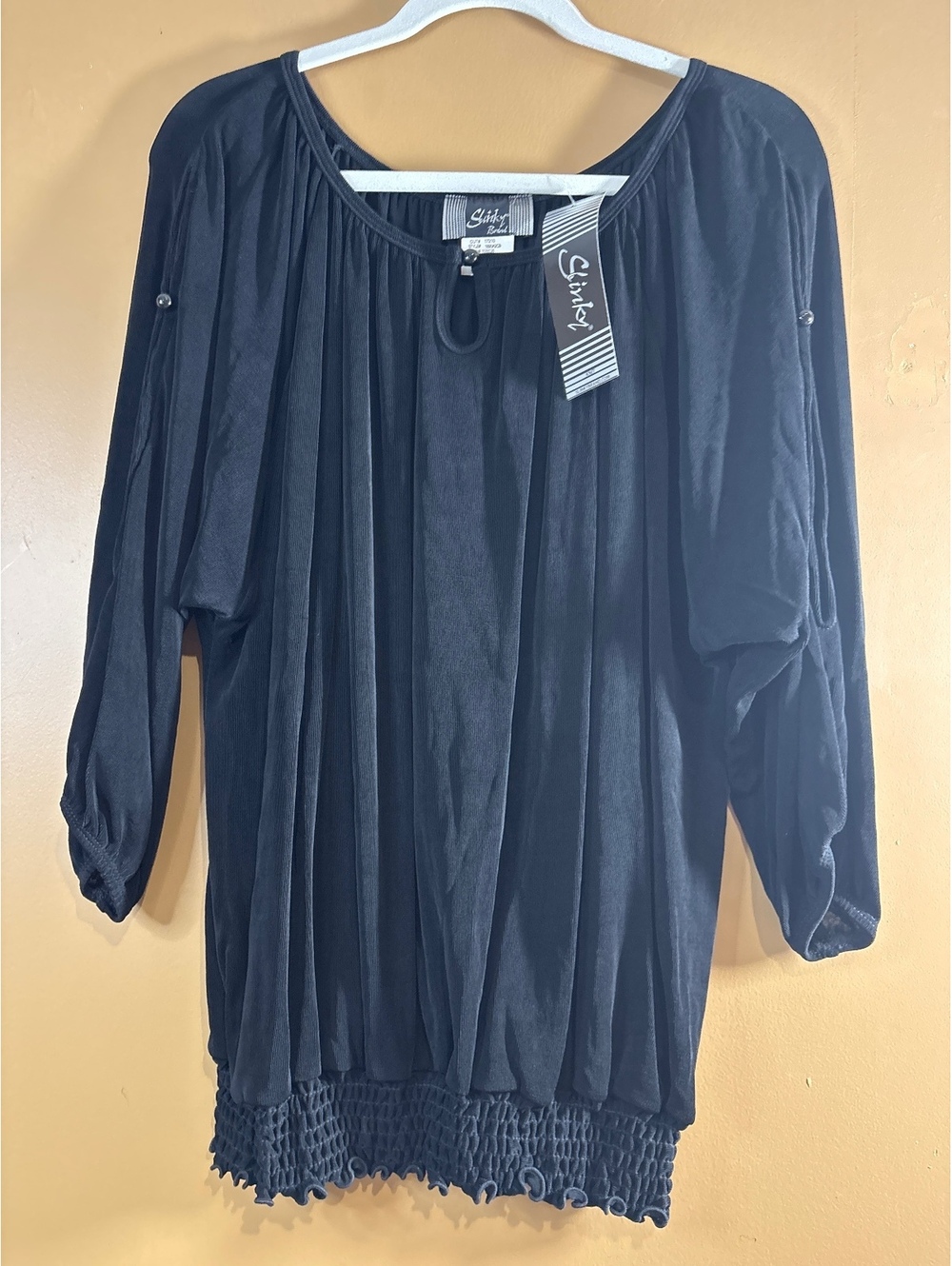 HC1276. Slinky Brand Black 3/4 Sleeve Blouse with Smocked Hem XL